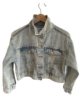 Cropped Light Blue Jean Jacket with Crystal Studs - Women